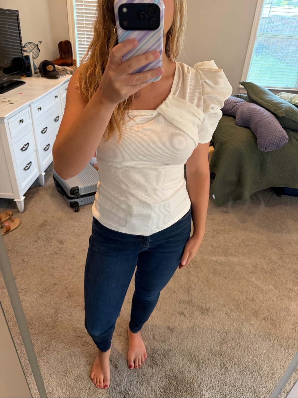 fab'rik Cream One-Shoulder Puff-Sleeve Ribbed Tank